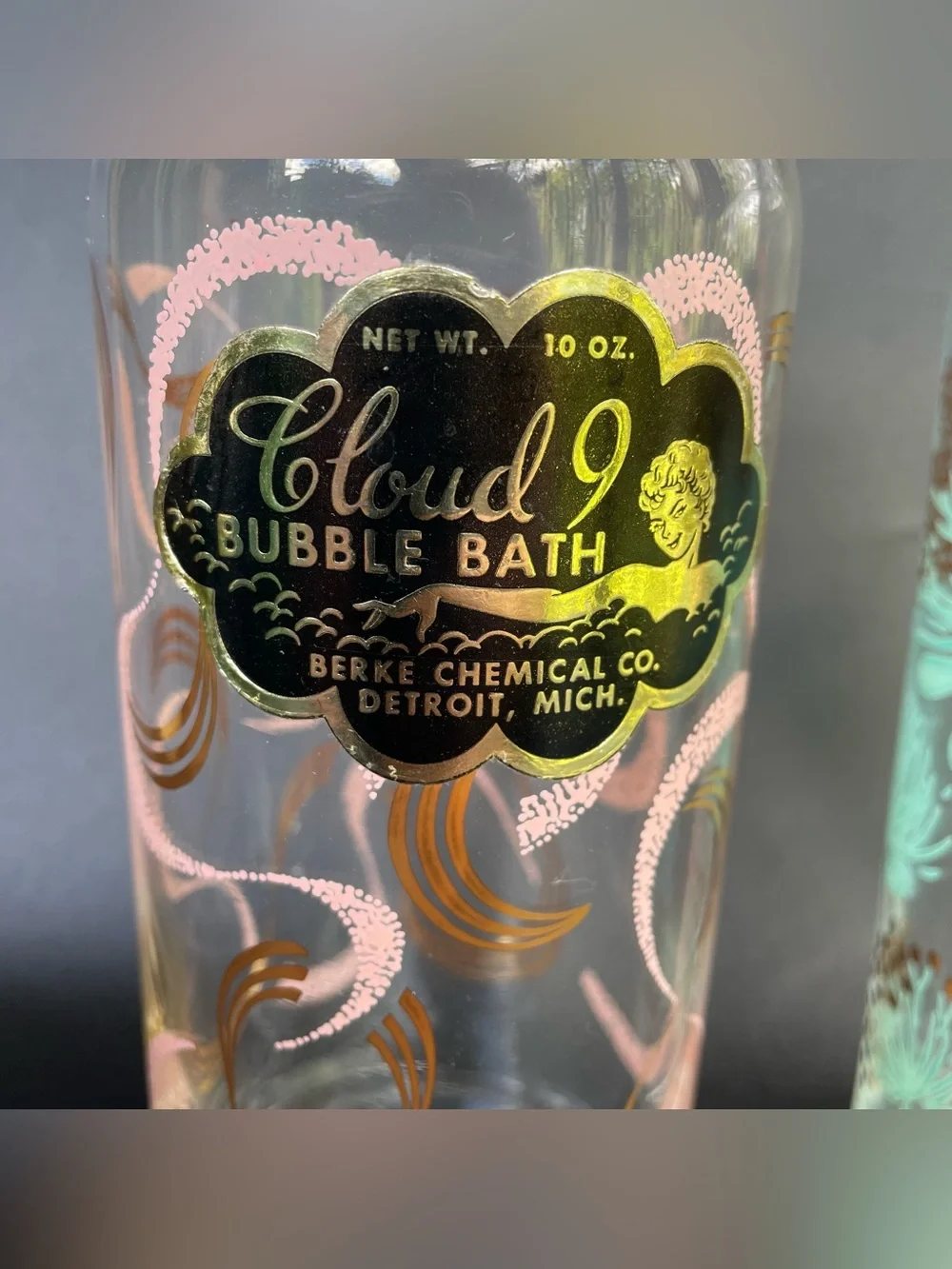 2 Vintage Glass Bubble Bath Bottles  Jars Pink Blue Gold Cloud 9 MCM Lids Labels